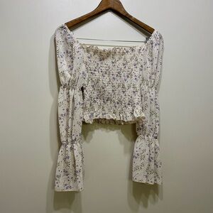 Cheep Floral Shirring Bubble Sleeve Off The Shoulder Cropped Crop Top Cream